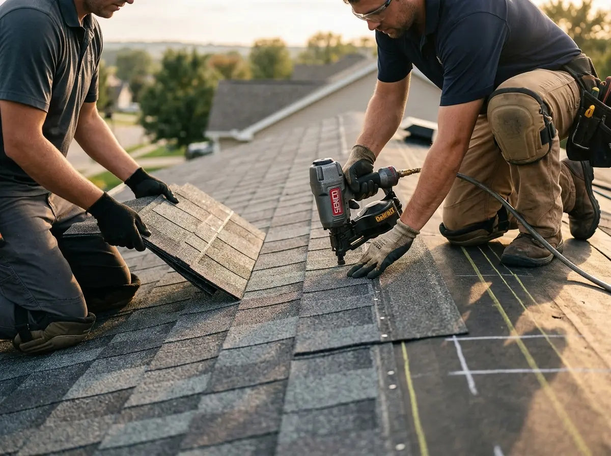 Professional roofer working on a residential roof in Cranston